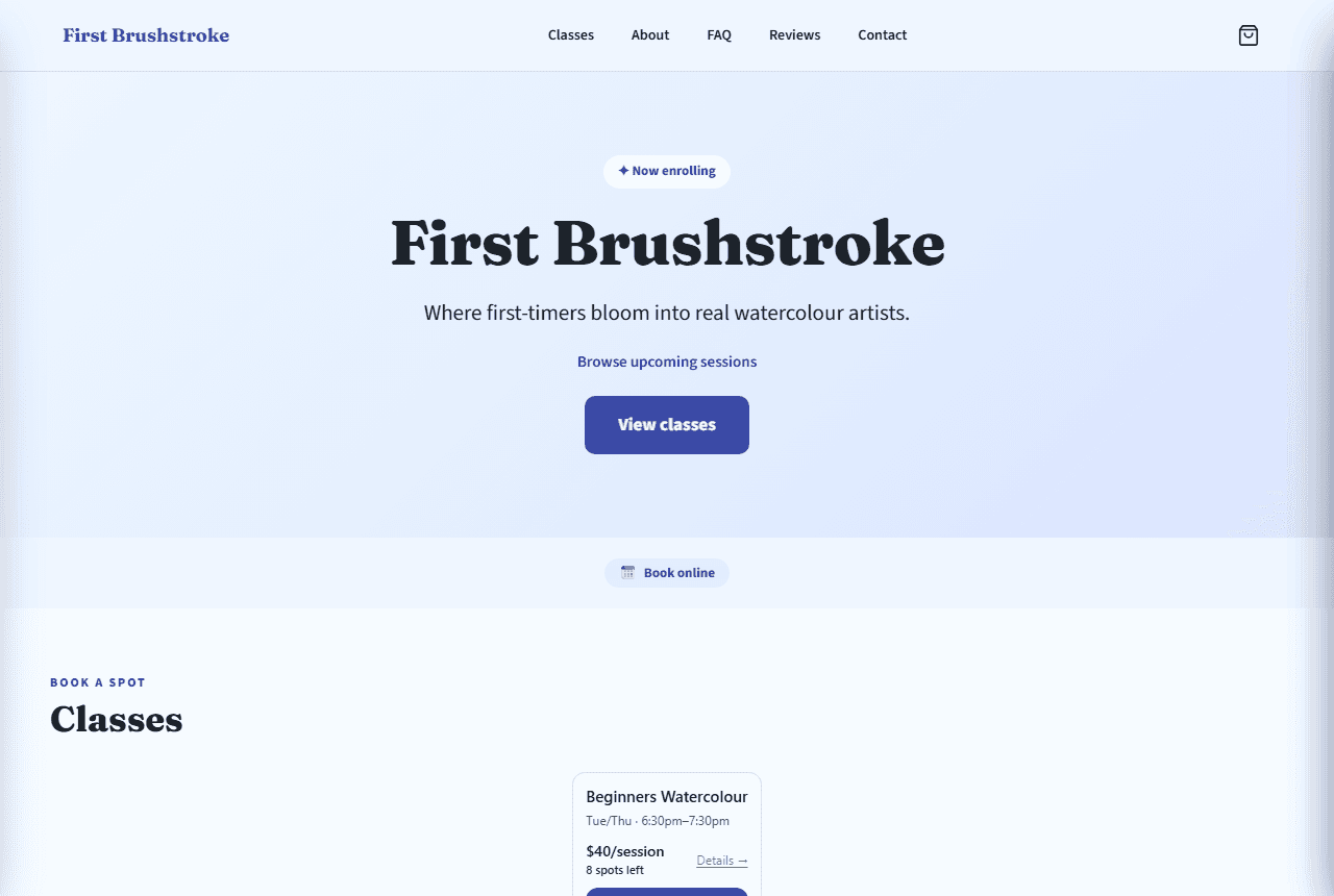 First Brushstroke — a real Kalaiko storefront for watercolour classes, on a laptop