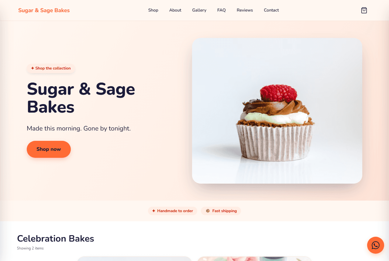 Sugar & Sage Bakes — a real Kalaiko storefront for home bakery, on a laptop
